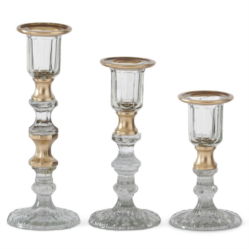 Gold Gilded &amp; Clear Pressed Glass Taper Candleholder Small 6&quot;