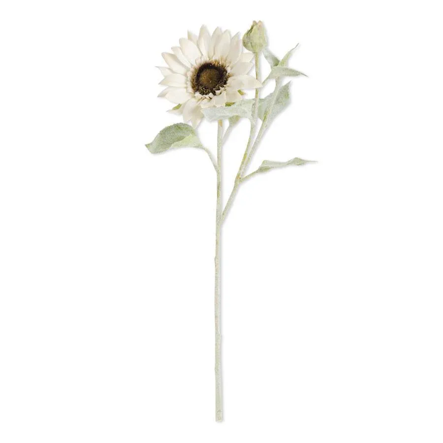White Bloom And Blossom Sunflower With Flocked Stem 18&quot;