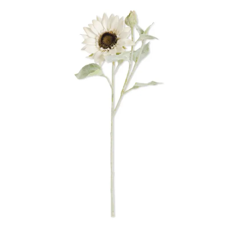 White Bloom And Blossom Sunflower With Flocked Stem 18"