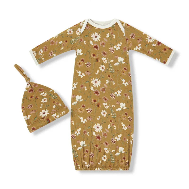 Bamboo Luxe Stretch Newborn Gown &amp; Hat Set Wildflower 0-3 Month