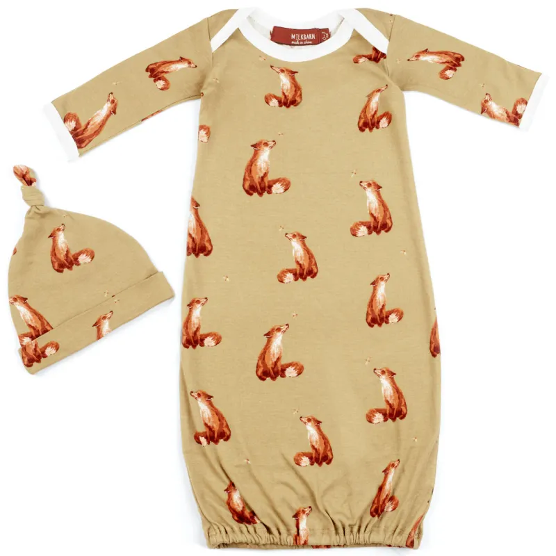 Organic Cotton Newborn Gown &amp; Hat Set Gold Fox