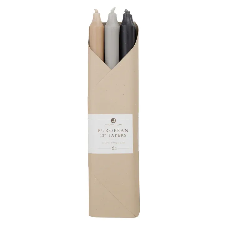 Pack Of 6 12&quot; European Taper Smokeless &amp; Fregrance Free Candles Dark Neutrals