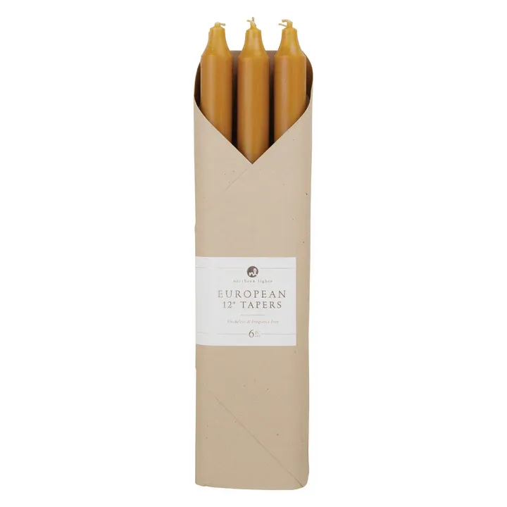 Pack Of 6 12&quot; European Taper Smokeless &amp; Fregrance Free Candles Caramel
