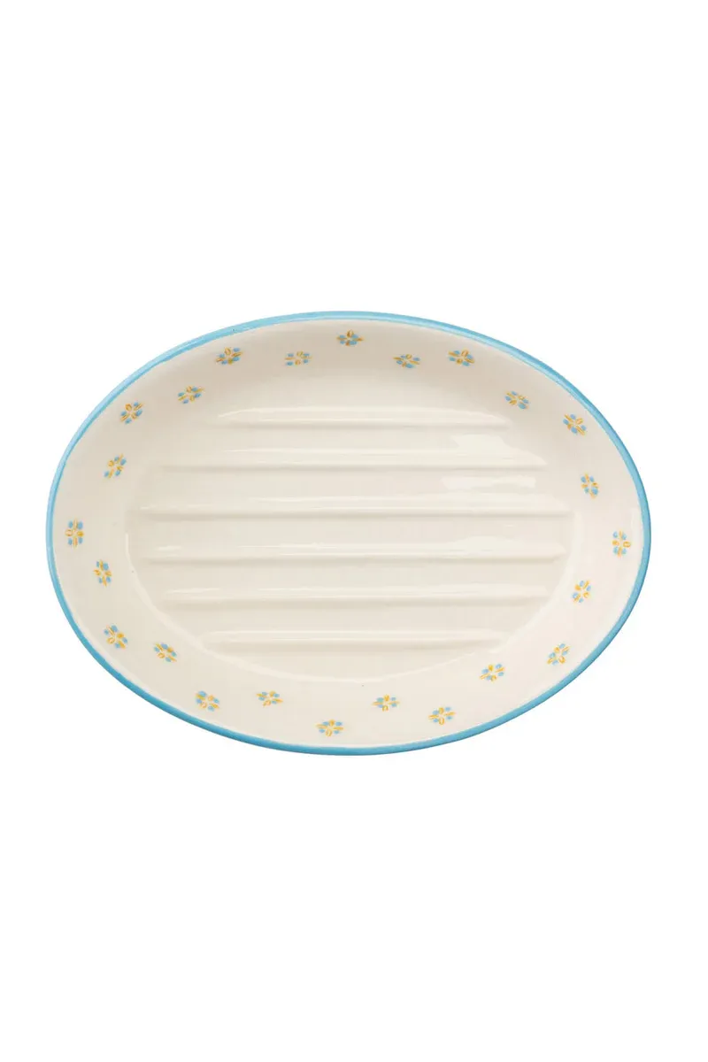 Hand Stamped Soap Dish Retro Blue &amp; Yellow Pattern