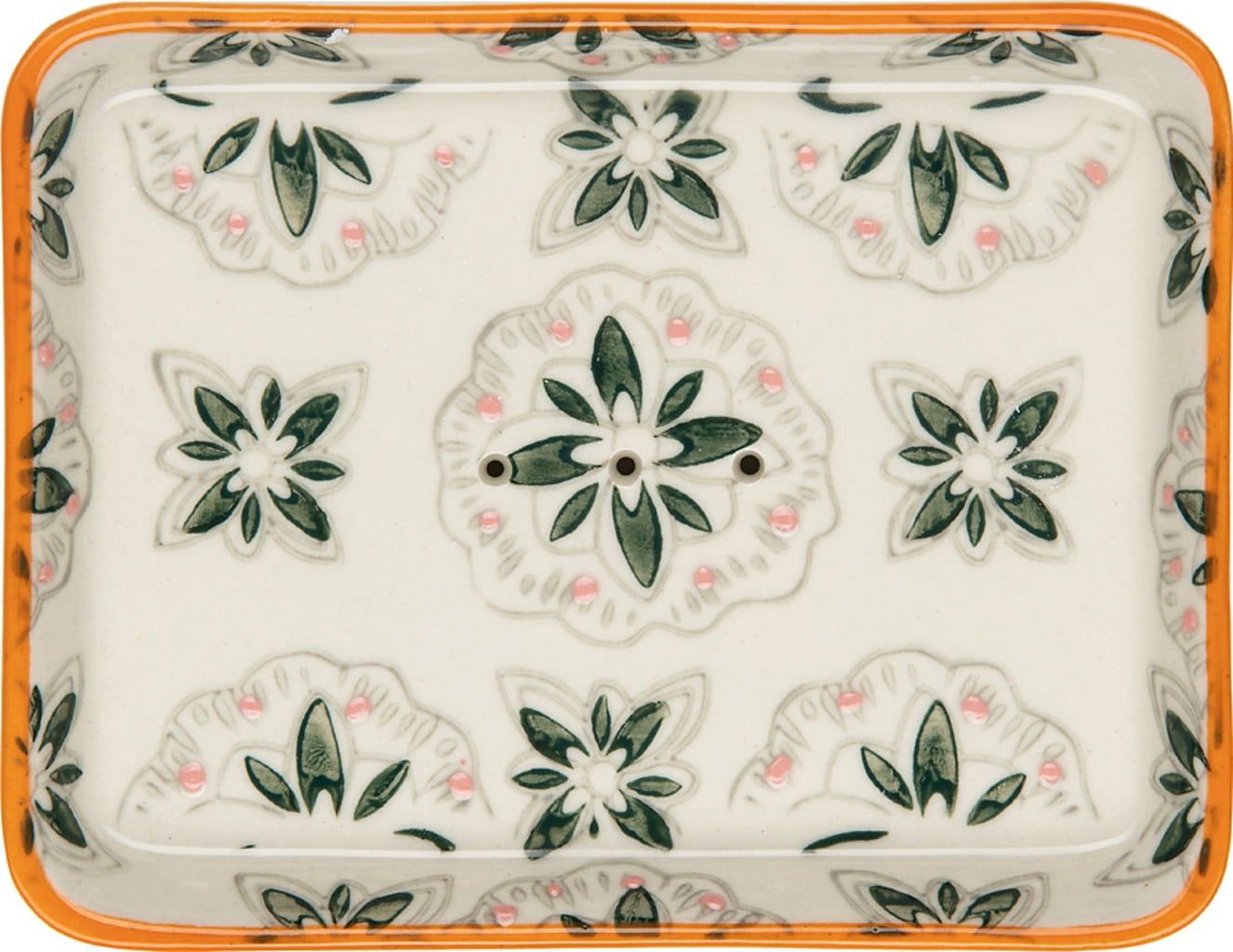 Hand Stamped Soap Dish Tropical Green &amp; Pink With Orange Rim