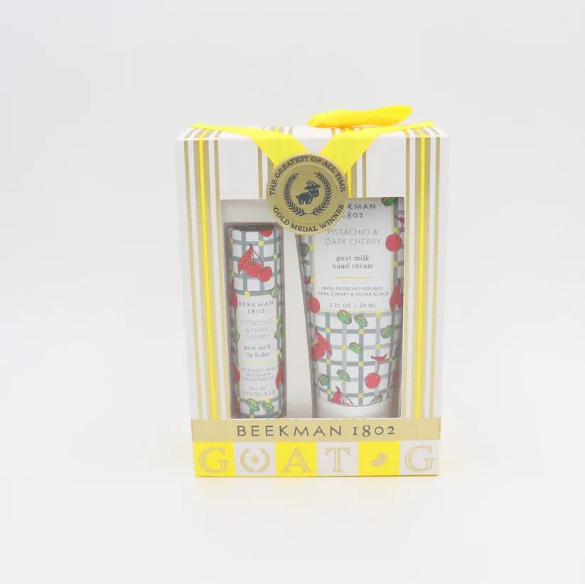 Beekman Hand Cream And Lip Balm 2 Piece Set In Pistachio &amp; Dark Cherry