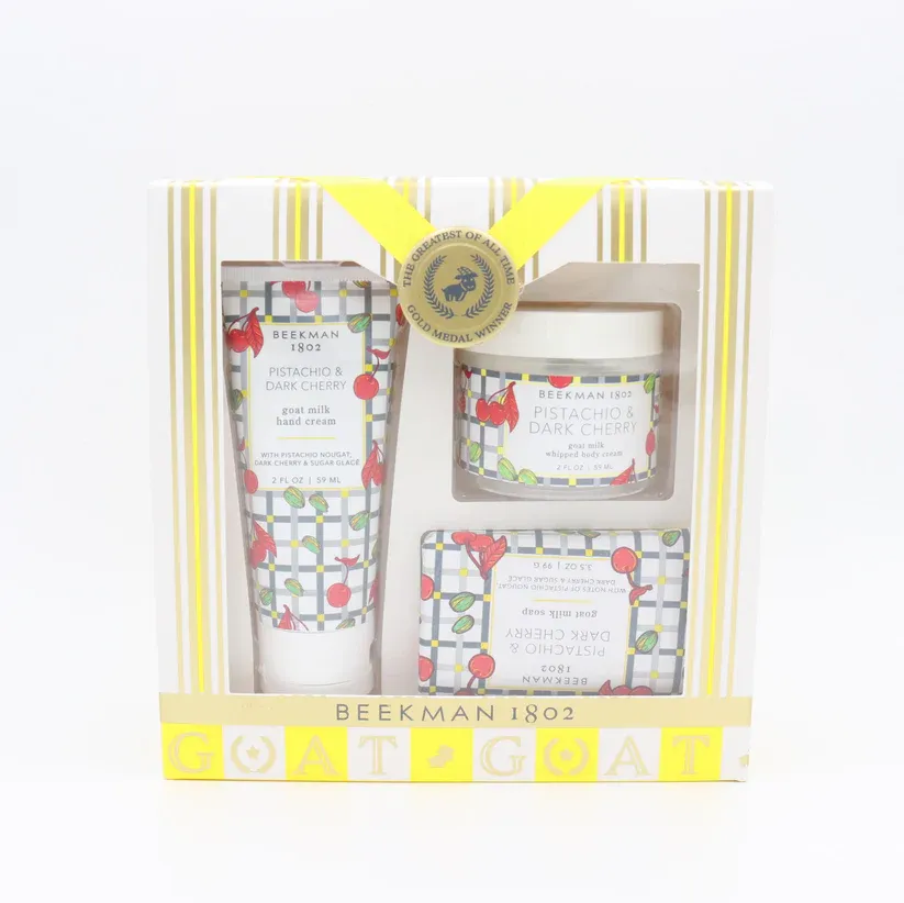 Beekman Hand And Body 3 Piece Set In Pistachio &amp; Dark Cherry