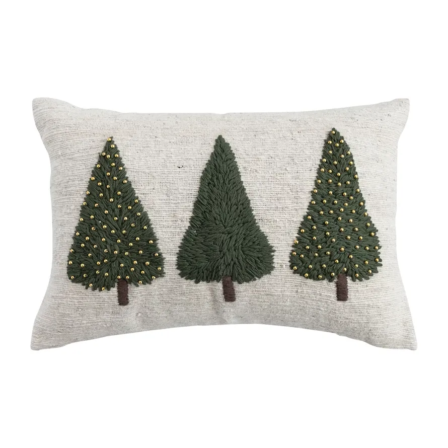 Cotton &amp; Wool Lumbar Pillow With Trees And Beads 24&quot; L x 16&quot; H