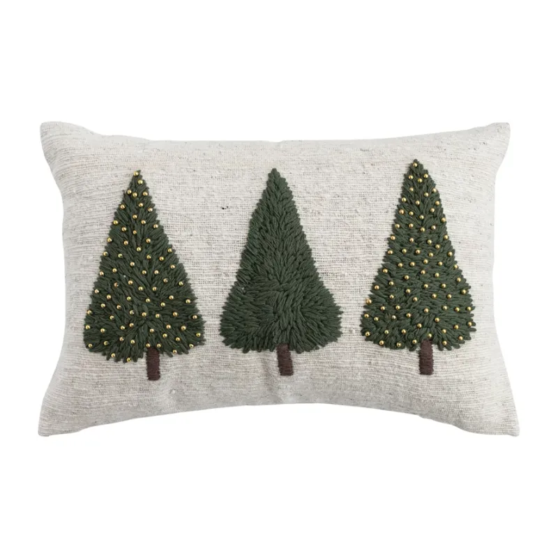 Cotton &amp; Wool Lumbar Pillow With Trees And Beads 24&quot; L x 16&quot; H