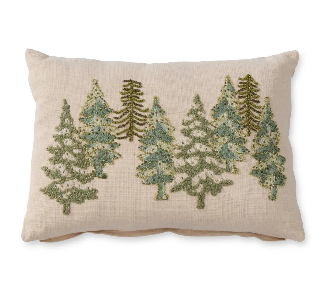 Cream Cotton Linen Lumbar Beaded Christmas Trees Pillow 14&quot;