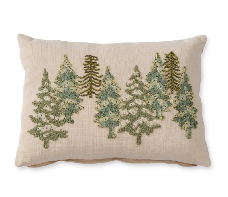 Cream Cotton Linen Lumbar Beaded Christmas Trees Pillow 14&quot;