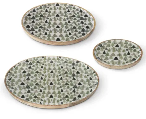 Enameled 15.5&quot; Round Mango Wood Tray With Christmas Trees