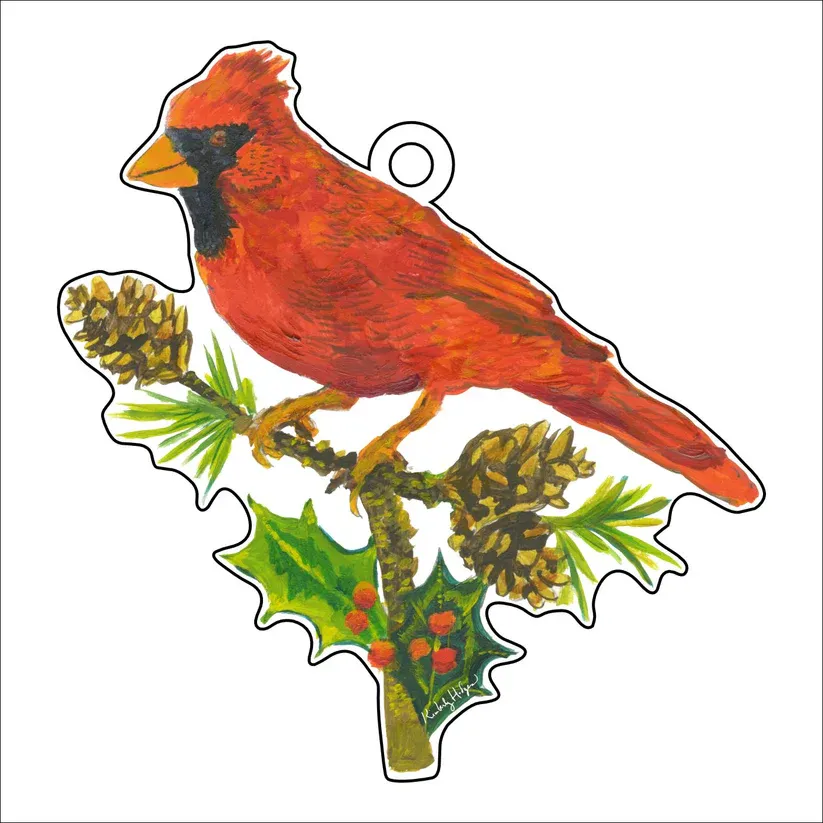Acrylic Cardinal With Pine Cones Ornament