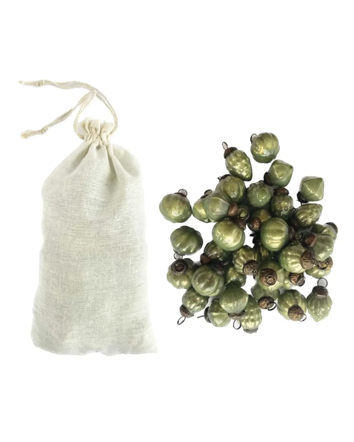 Antique Olive Green Embossed Mercury Glass Ornaments In Bag Set Of 36