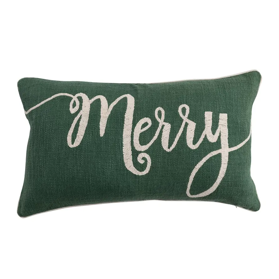 Cotton Slub Lumbar Pillow With Embroidered Merry 24&quot; L x 14&quot; H