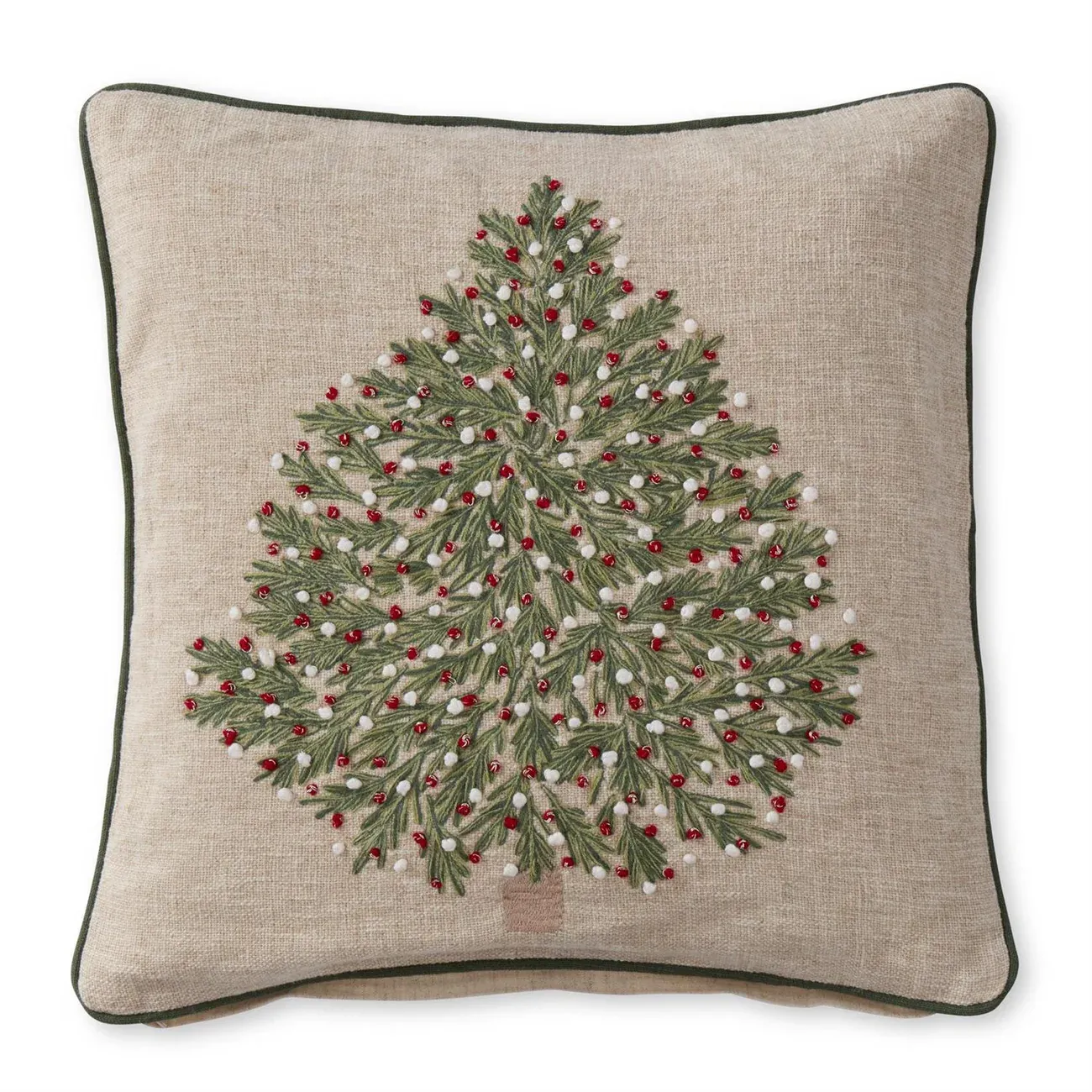 Tan Christmas Tree Pillow With Red &amp; White Ornaments 20&quot;
