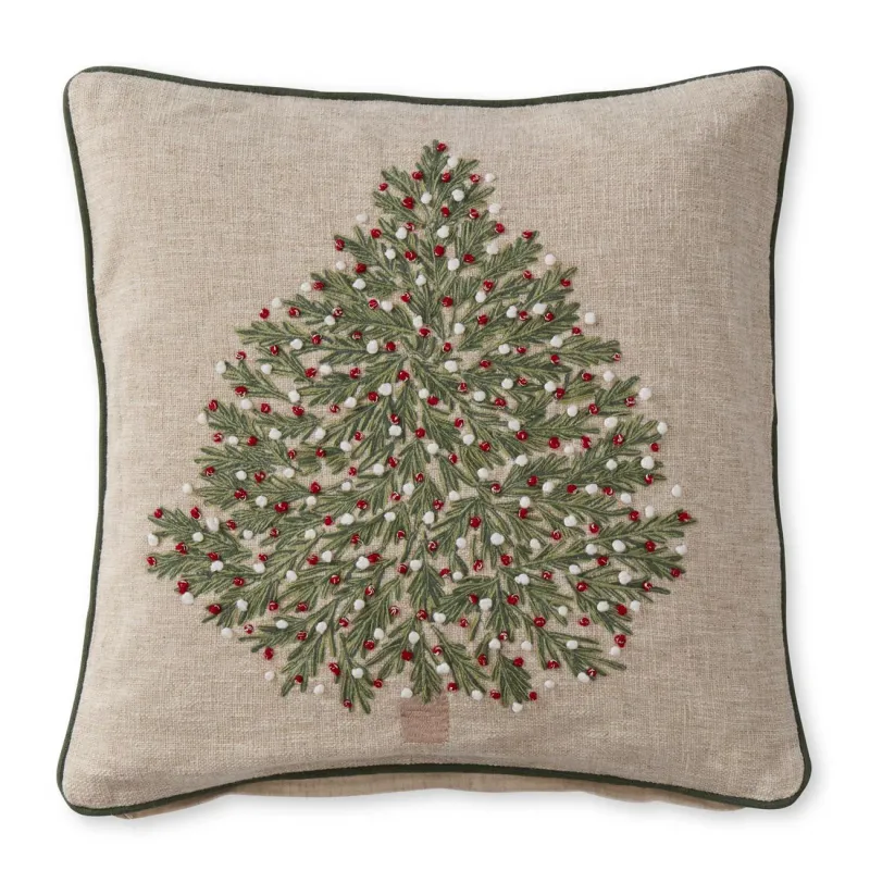 Tan Christmas Tree Pillow With Red &amp; White Ornaments 20&quot;
