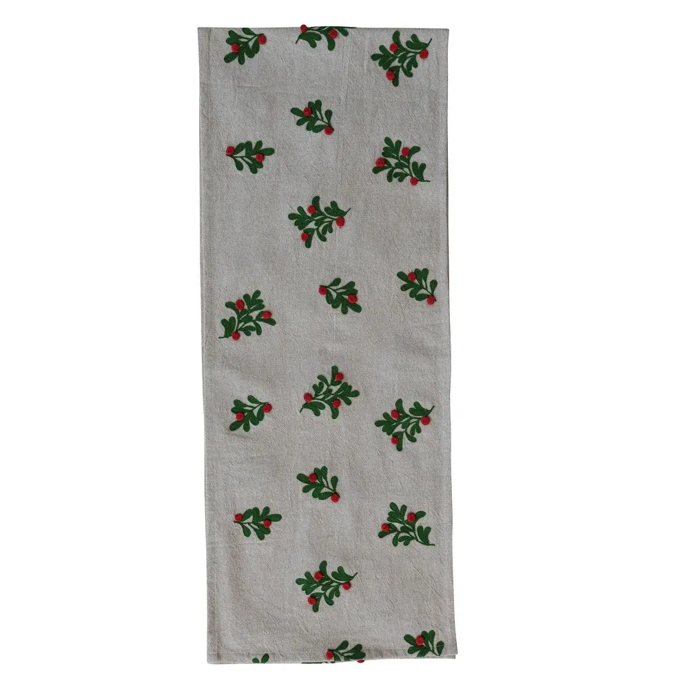 Embroidered Cotton &amp; Linen Table Runner With Holly And Berries 72&quot; L x 14&quot; W