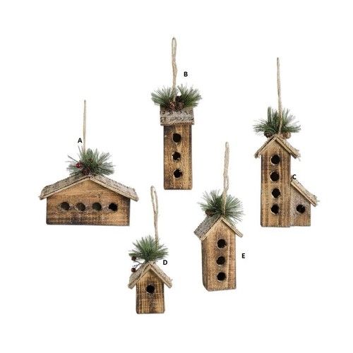Wood Bird House With Burlap &amp; Pine Roof Four Entrance Vertical Large