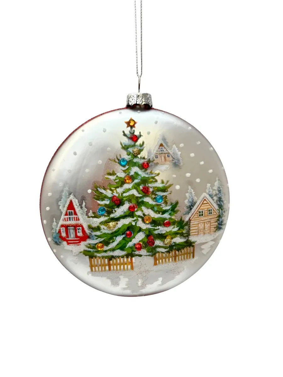 Glass Disk Christmas Tree Town Ornament