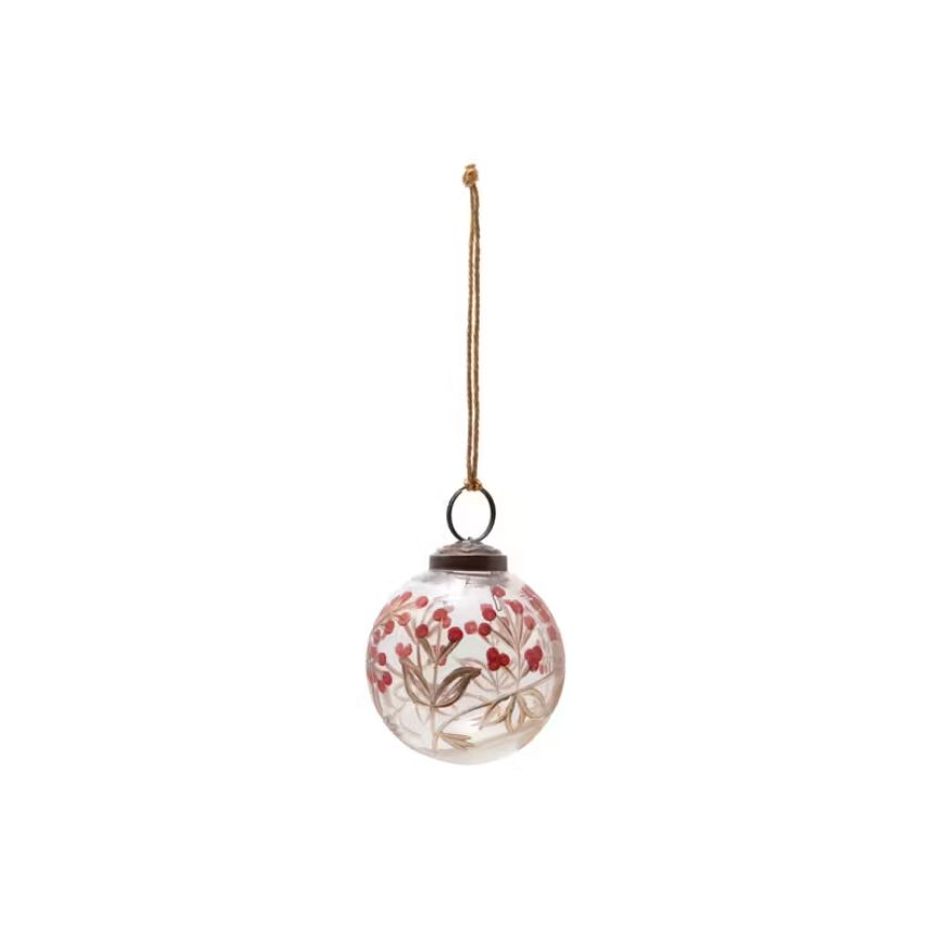 Handpainted Etched Gold &amp; Red Botanical Glass Ball Ornament 2&quot;