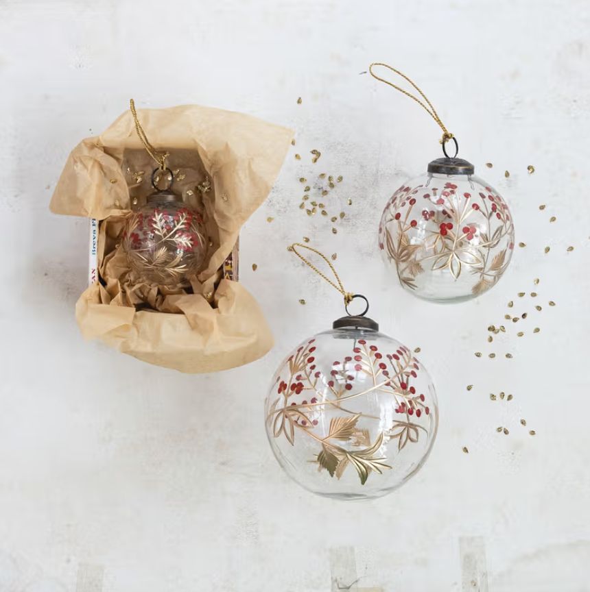 Handpainted Etched Gold &amp; Red Botanical Glass Ball Ornament 5&quot;