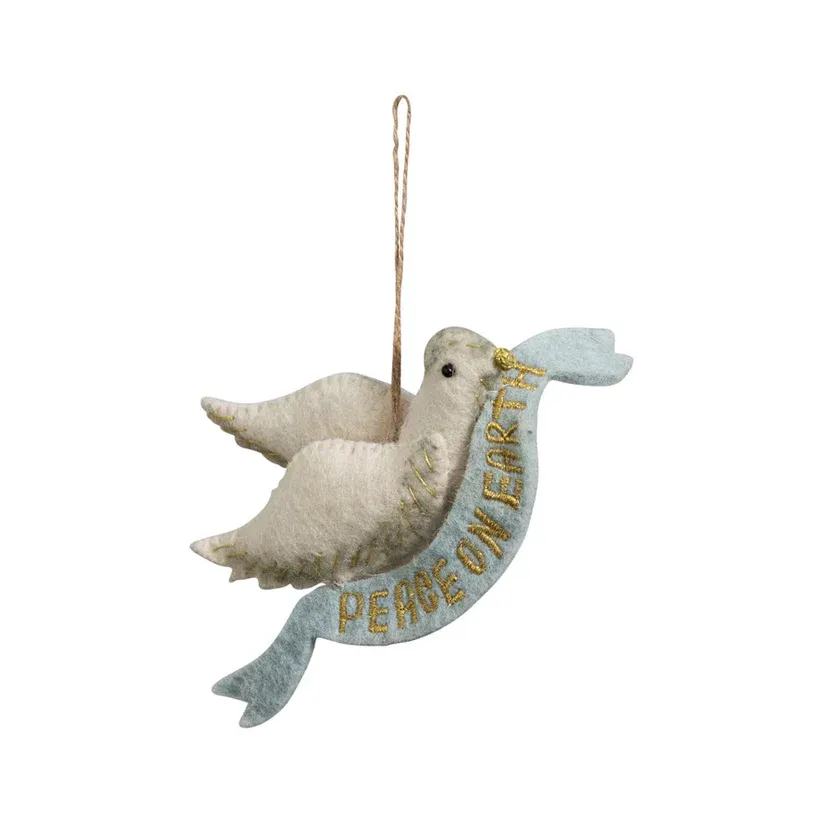 Wool Felt Dove With Peace On Earth Banner Ornament