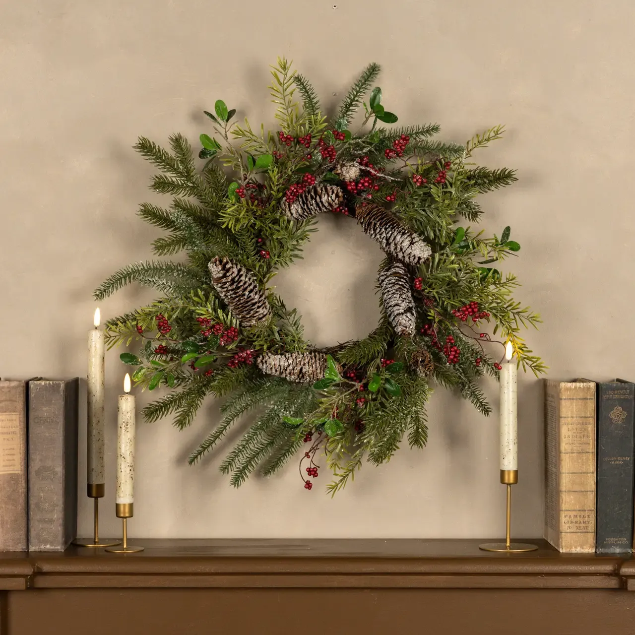 Frosted Mixed Foliage Wreath With Red Berries 20&quot;