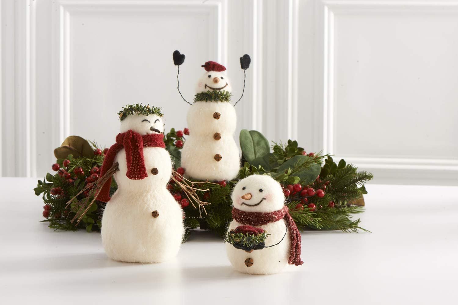 Wool Snowman With Twig Arms &amp; Wreath Crown 8.5&quot;
