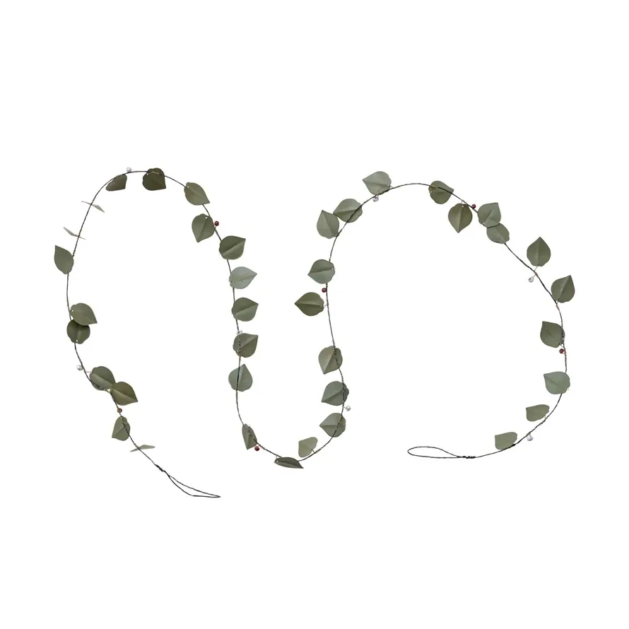 Metal &amp; Wire Leaf Garland With Mango Wood Beads 72&quot; L x 1.5&quot; H