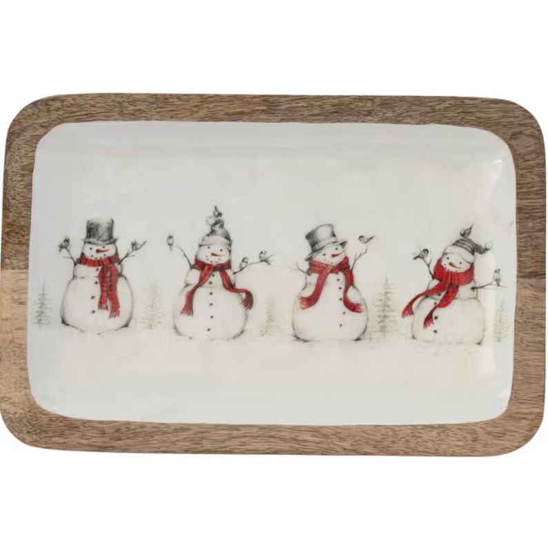 Enameled Mango Wood Tray With Snowmen 12&quot; L x 8&quot; W