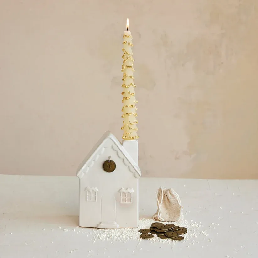 Stoneware House Advent Calendar With Taper Candle Holder 5&quot; L