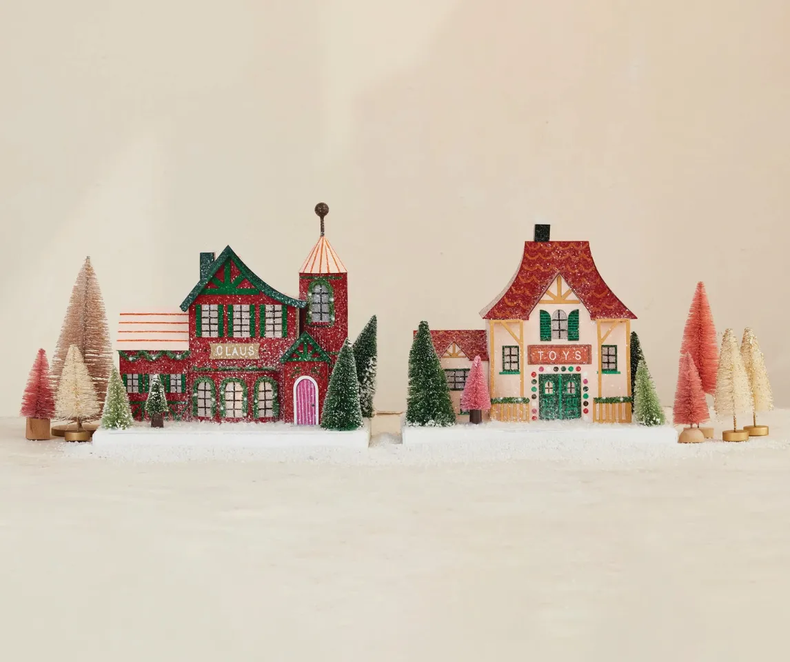 Handmade Paper Claus Shop With Bottle Brush Trees &amp; LED Light 9-1/4&quot; H