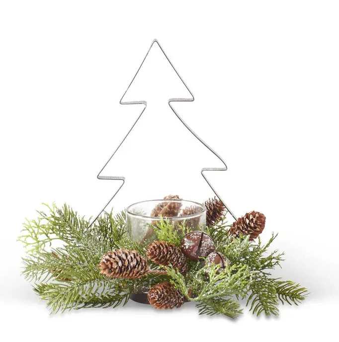 Glittered Pine &amp; Metal Tree Candleholder