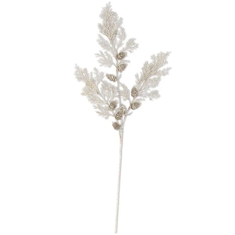 Champagne Glittered Cedar Pine With Pinecones Spray 30"