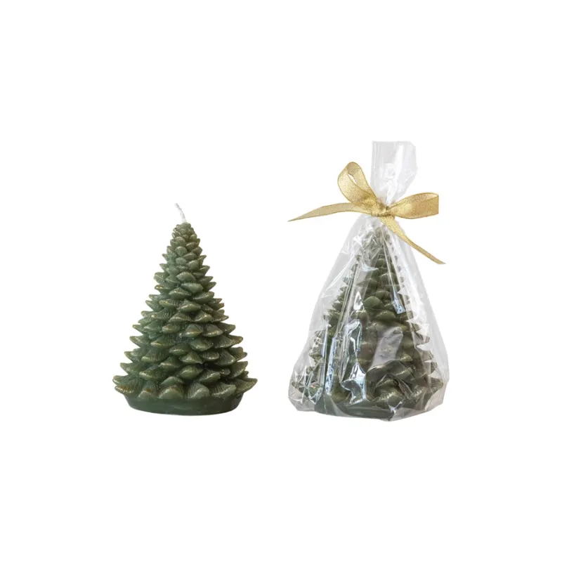 Tree Shaped Candle In Evergreen And Gold 5" Final Sale