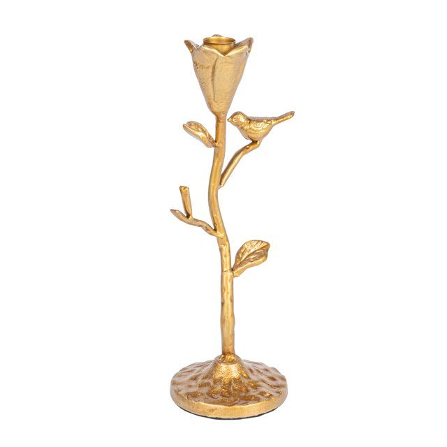 Gold Metal Candle Holder With Bird 10.5"