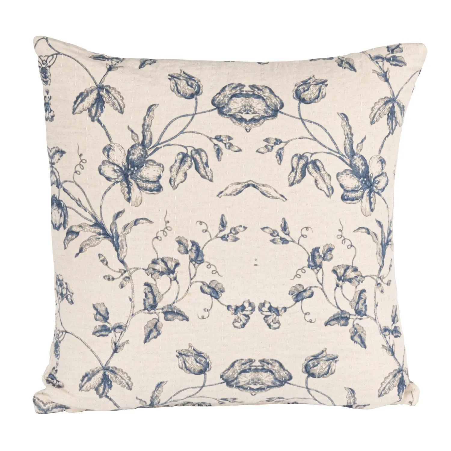 Square Cotton &amp; Linen Printed Pillow With Blue Floral Pattern 18"