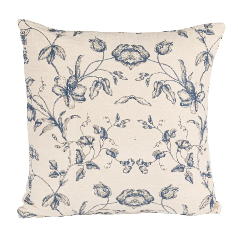 Square Cotton &amp; Linen Printed Pillow With Blue Floral Pattern 18"