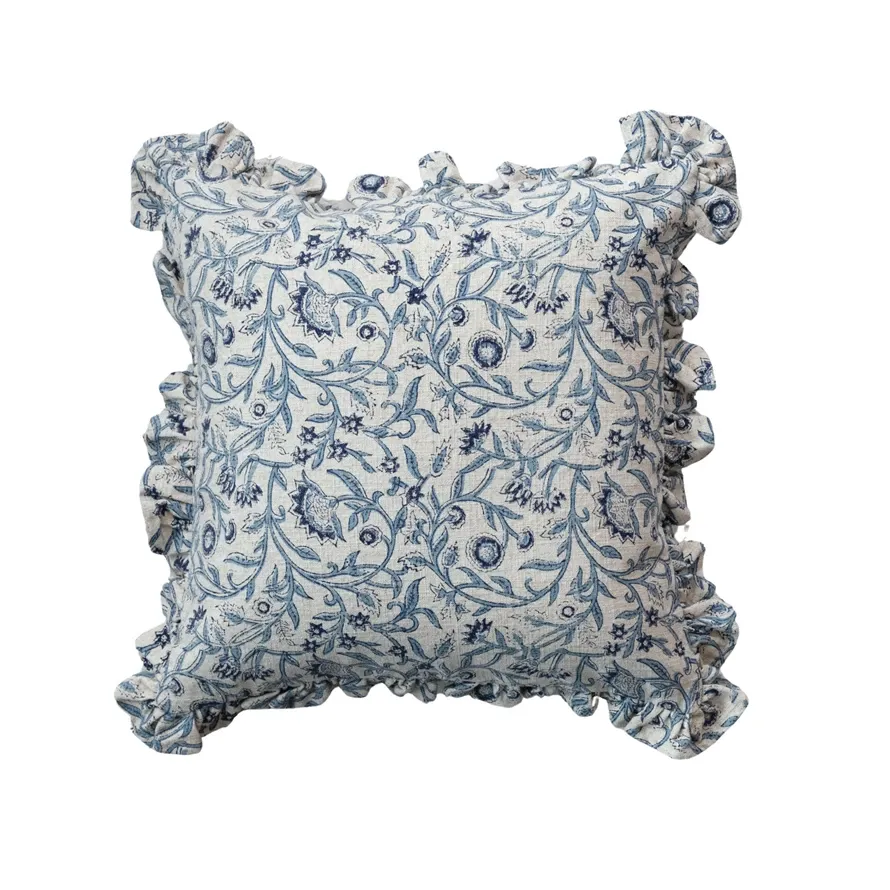 Square Cotton Blend Printed Pillow Blue With Floral Pattern 18"