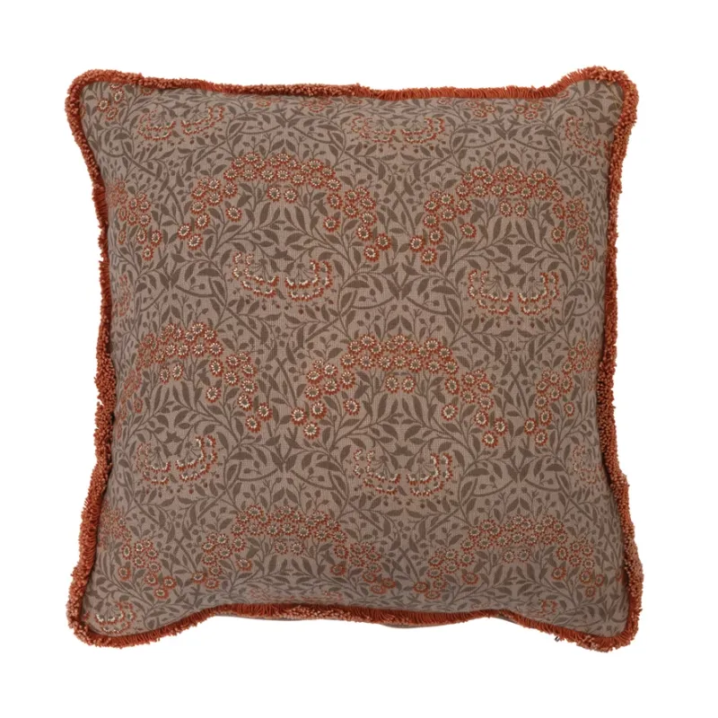 Square Cotton Pillow With Fringe 16" Brown &amp; Orange Florals