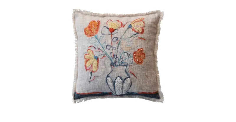 Square Cotton Slub Pillow 18" With Flowers In Blue Vase