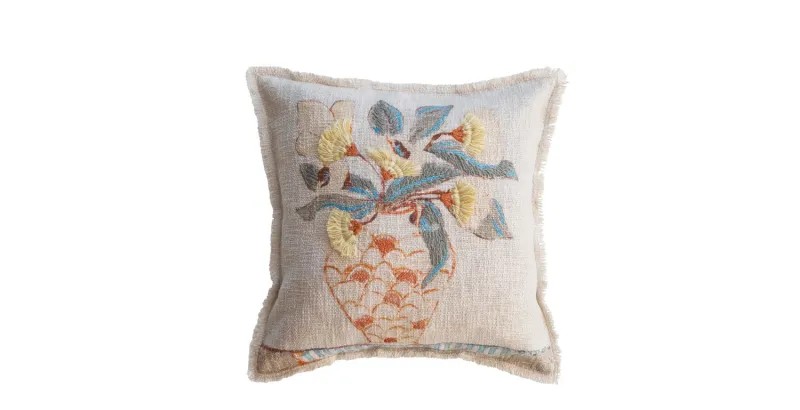 Square Cotton Slub Pillow 18" With Flowers In Orange Vase