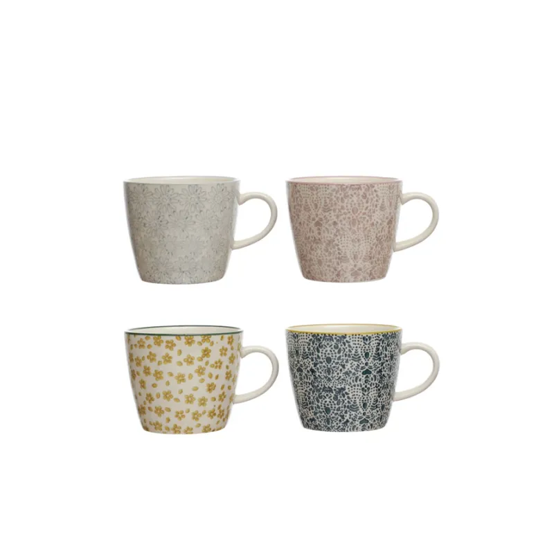 Stoneware Mug 3-1/4" Grey Florals