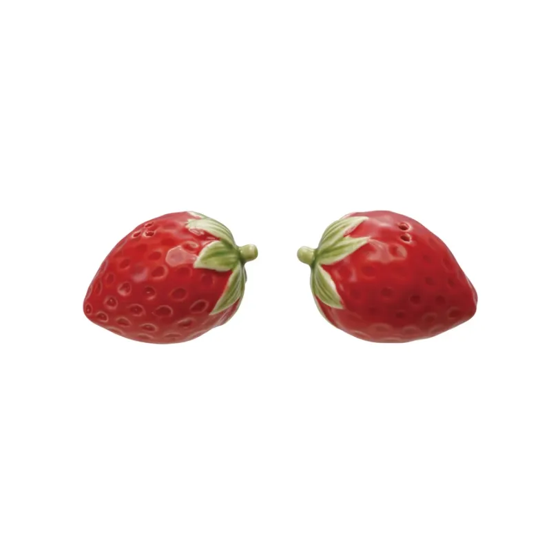 Set Of 2 Stoneware Strawberry Shaped Salt &amp; Pepper Shakers