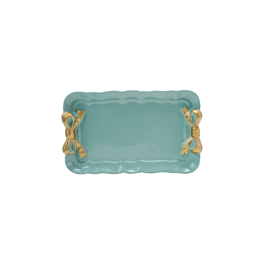 Decorative Metal Tray With Gold Bows In Mint 7.5"
