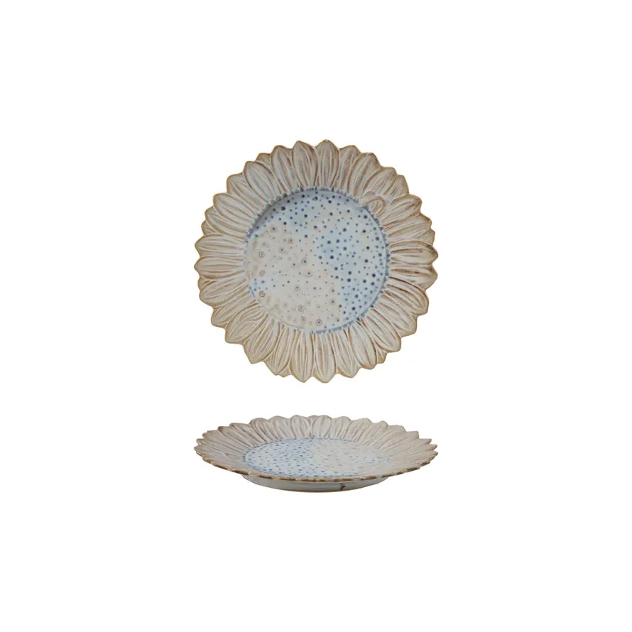 Stoneware Flower Shaped Plate With Brown &amp; Blue Glaze