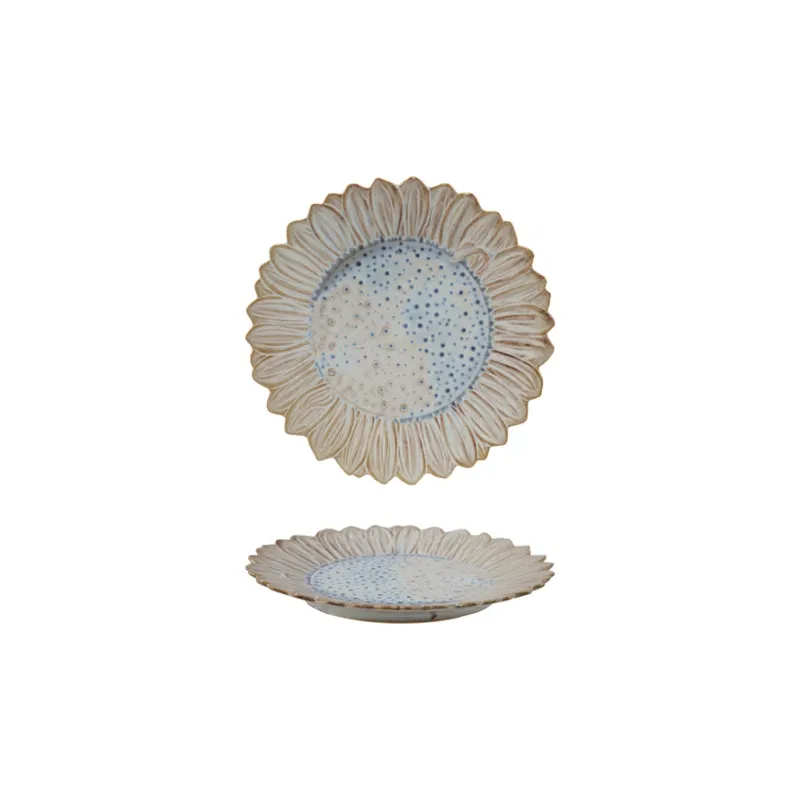 Stoneware Flower Shaped Plate With Brown &amp; Blue Glaze