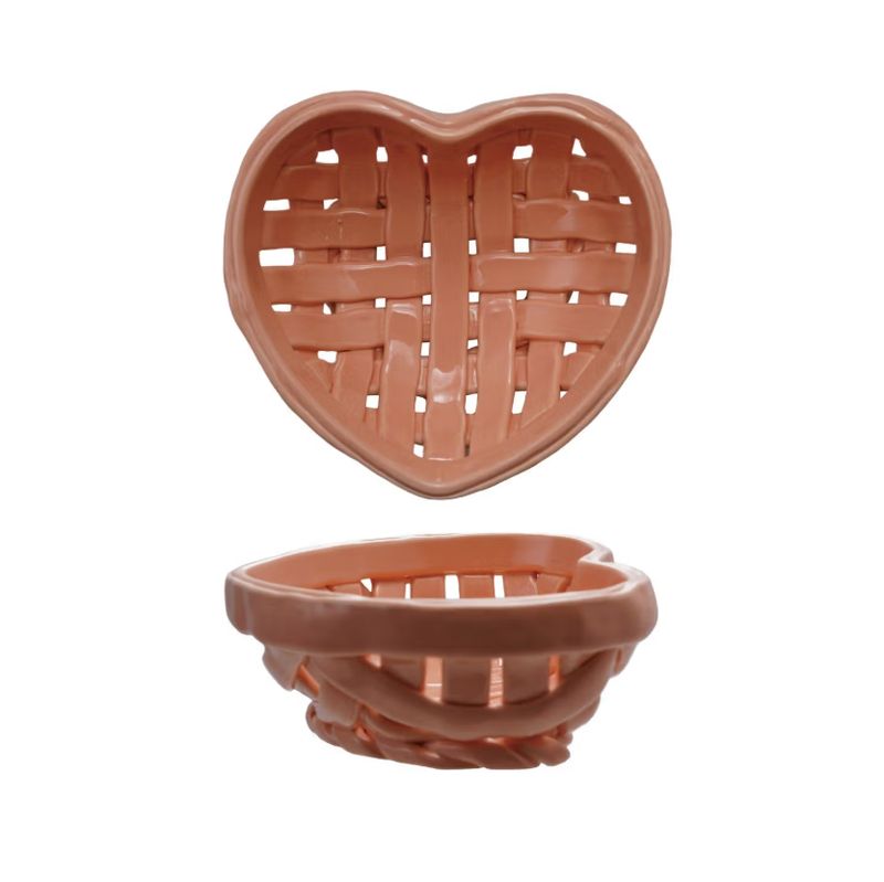 Stoneware Woven Heart Shaped Fruit Basket In Pink 6"