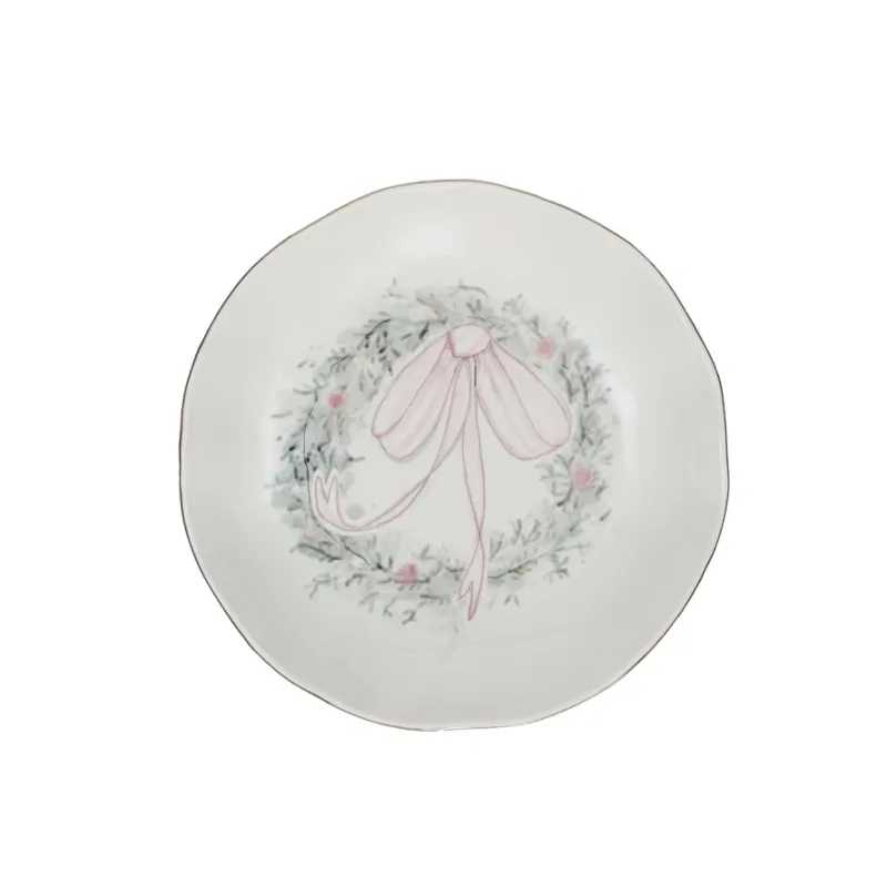 Stoneware Bowl With Pink Bow On Wreath 10.5" Final Sale